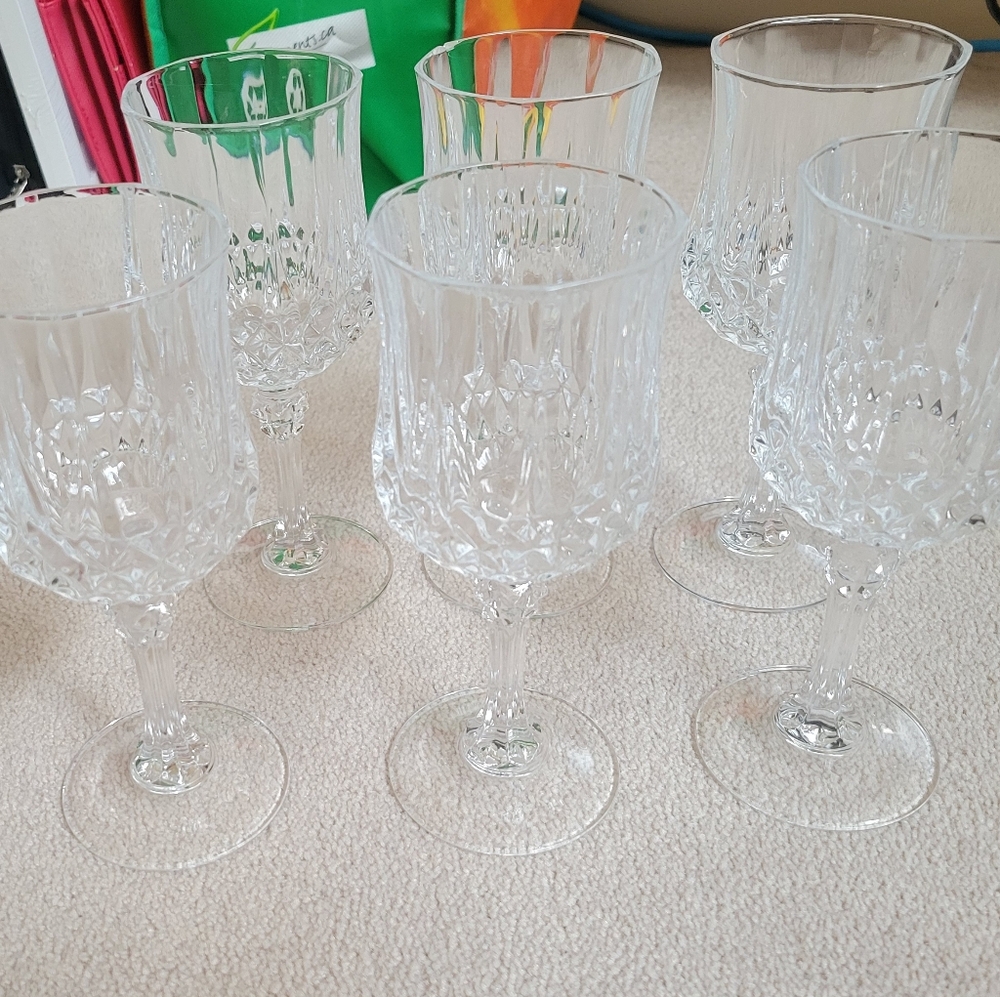 6 Crystal D'Arques Longchamp Glass Set Clear Crystal Etch Cut France Lot